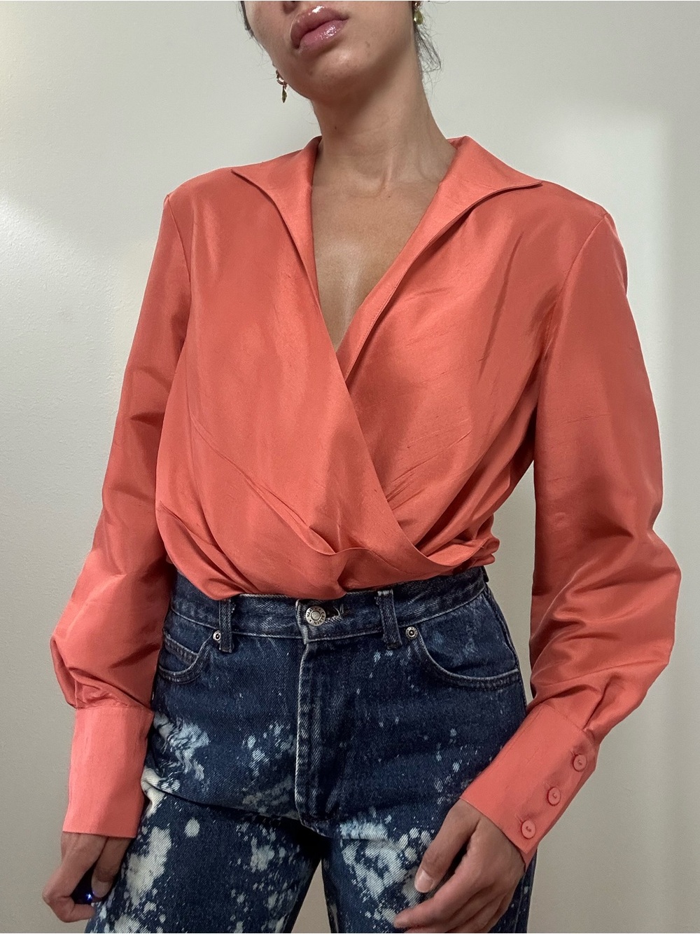 Vintage Peach Coral Pink Wrap Top Long Sleeve Satin Blouse Satin Collared Size L
